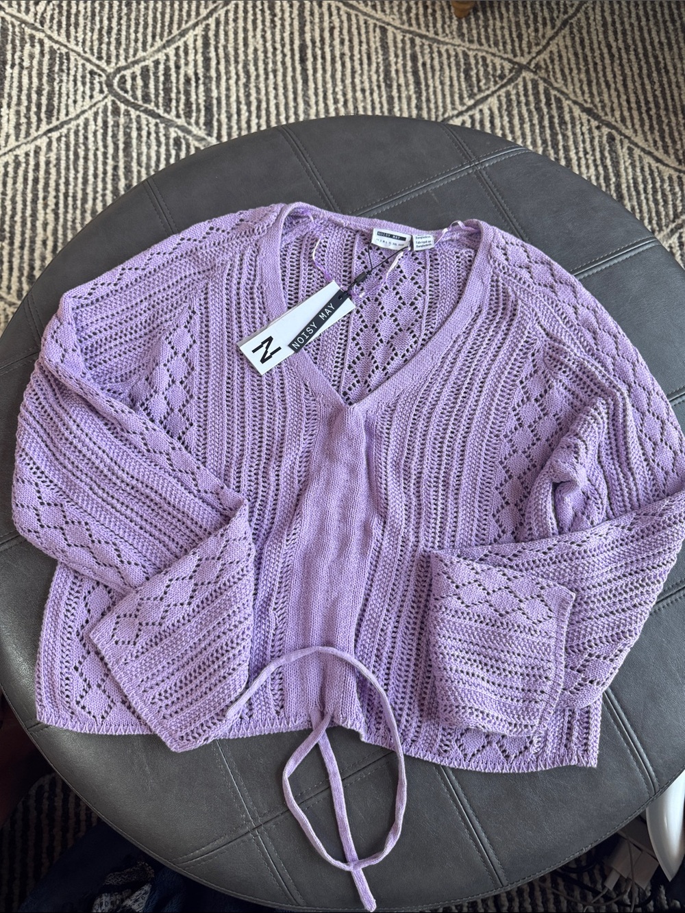 Noisy May Pastel Lilac Open-Knit V-Neck Sweater